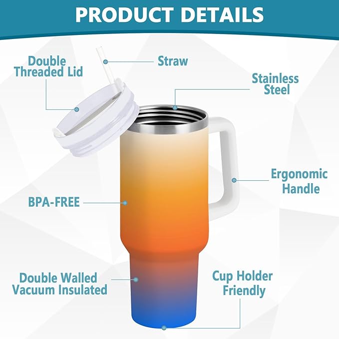 Boccsty Color Gradient Orange Blue Insulated Tumblers Reusable Stainless Steel Tumbler 30 oz Cup Coffee Travel Mug Water Bottle with Handle & Flip Straw for Home Office Car