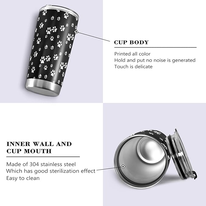 Tumbler White Dog Cat Paw Print Black Insulated Coffee Cup Beverage Container Travel Mug with Straw and Lid Double Wall Stainless Steel 20oz BPA-Free for Sport, Back to School