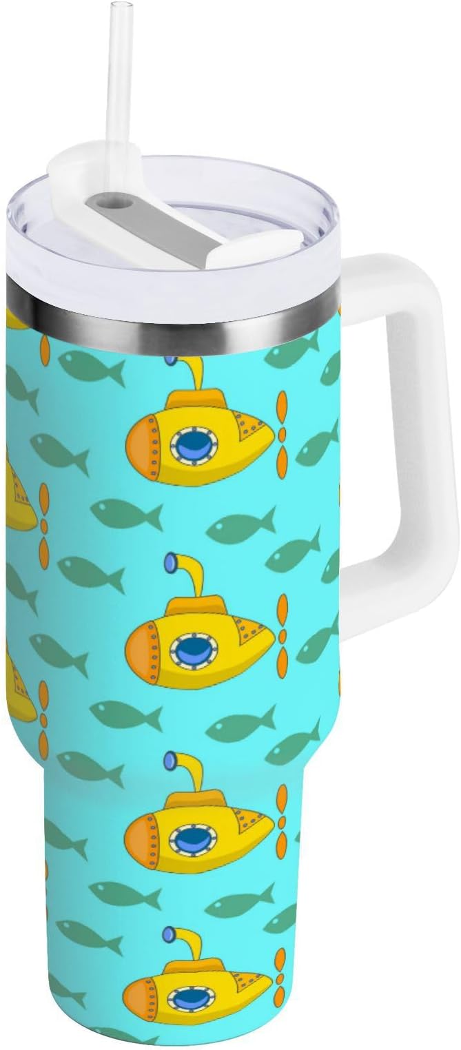 Boccsty Yellow Submarine Insulated Tumblers Colorful Fish Reusable Stainless Steel Tumbler 40 oz Cup Coffee Travel Mug Water Bottle with Handle & Flip Straw for Home Office Car