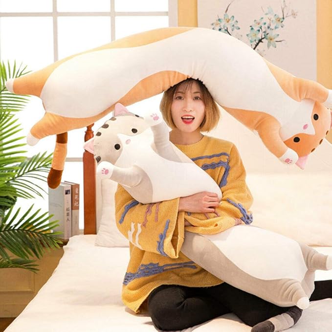 WUYU Lovely Plush Cat Doll Cute Cartoon Soft Stuffed Kitten Pillow Long Throw Sleeping Pillow Doll Toy Gift for Kids Girlfriend Multiple Size (Grey,110cm/43.3in)