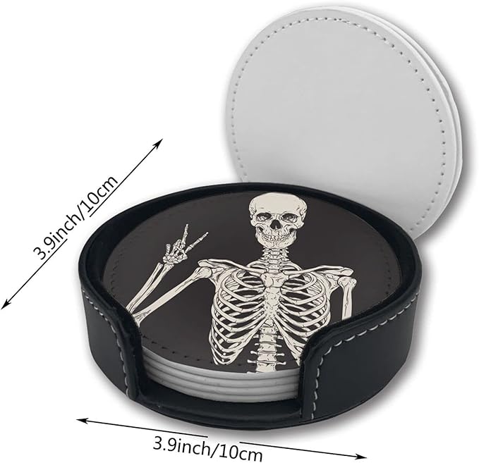 Skull Coasters for Drinks with Holder Leather Coasters Set of 6 Table Decor Protect Furniture from Water Marks Scratch and Damage
