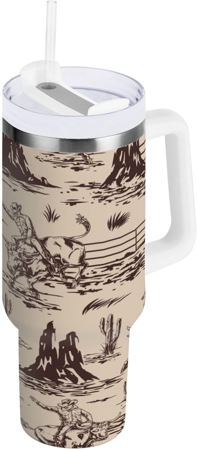 Boccsty Cowboy Cacti Insulated Tumblers Reusable Stainless Steel Tumbler 40 oz Cup Coffee Travel Mug Water Bottle with Handle & Flip Straw for Home Office Car