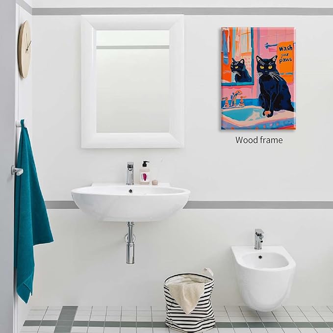 Black Cat Wash Your Paws Fun Wall Art Funky Colorful Bathroom Animal Poster Playful Kitsch Dopamine Aesthetic Canvas Pictures 16x24 inch Framed for Bathroom Wall Decor