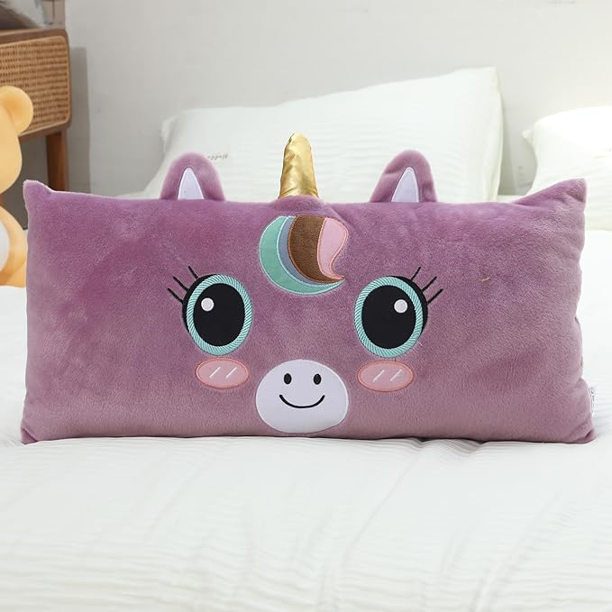 Stuffed Animal Lumbar Pillow, Super Soft Plush Cuddle Throw Pillow for Kids, Cute Unicorn Shaped Pillow, 12 x 24 Inches, Purple