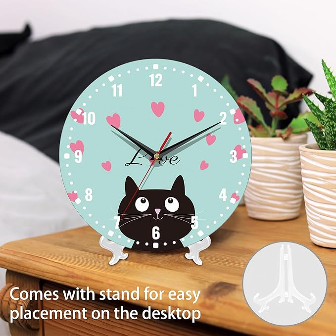 SPUNKER Clocks for Living Room,Cute Black Cat 10 Inch Wall Clock,Red Love Heart Small Battery Operated Wall Clocks Decorative for Kitchen/Living Room/Bedroom/Bathroom/Dining Room