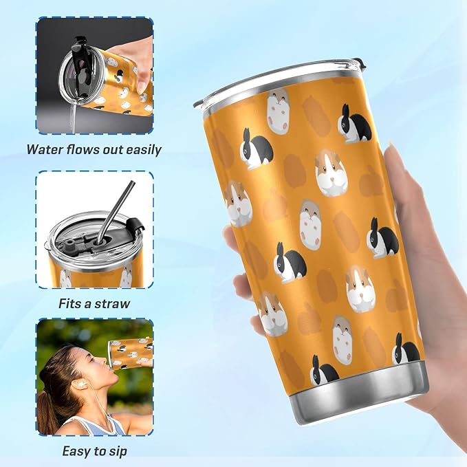 Tumbler Guinea Pig Cute Rabbit Insulated Coffee Cup Beverage Container Office Travel Mug with Straw and Lid 20oz Back to School Gift