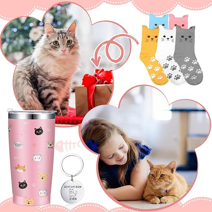 Sliner Teachers Appreciation Gifts Set for Cat Lover, Cat Mom Tumbler with Lid Straw 5 Pairs Cute Socks and Mom Ever Keychain Gifts for Teacher Nurse Grandma, Women Friend Birthday Mother's Day