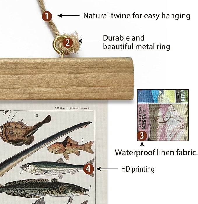 XIAOAIKA Set of 2 Vintage Marine Life and Crustaceans Wall Art Posters - Nautical Ocean Creatures & Seafood Illustration Prints with Wooden Hanger Frames for Home Decor 16 x 23 Inches