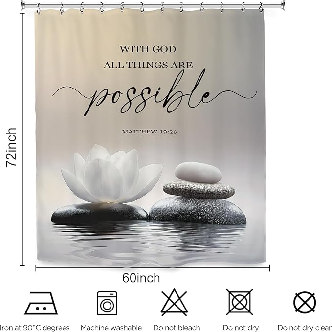 Zen Lotus Spa Shower Curtain 60Wx72L Inch Ink Quotes Meditation Inspirational Motivational Bible Bathroom Set Accessories Decor with 12 Pack Hooks