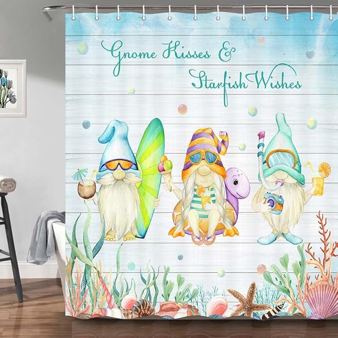Summer Gnome Shower Curtain, Tropical Starfish Seashells Coral Summer Beach Theme Cute Kids Shower Curtains Set for Bathroom, 69x70 Inch Waterproof Fabric with Hooks