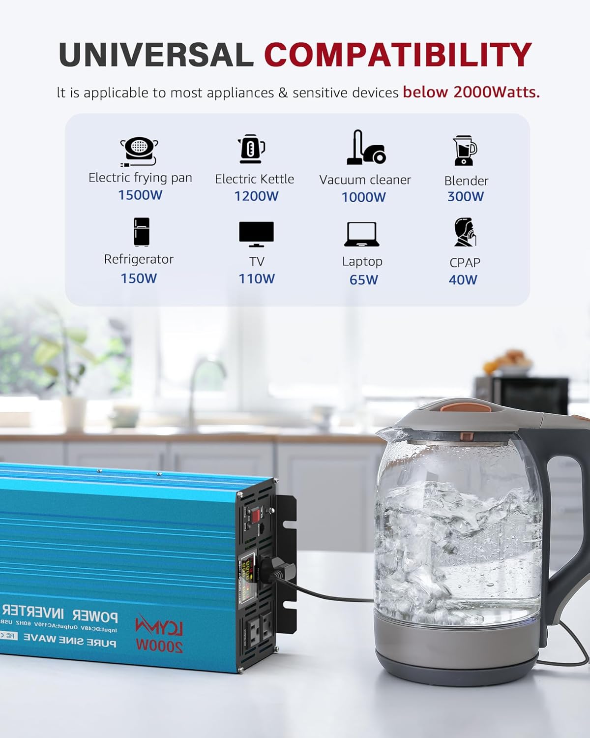 2000 Watt Inverter Pure Sine Wave DC 12V to 110V AC Power Inverters with 3 AC Charger Outlets, Car Inverter Solar Power Inverters for Vehicles Home with LCD Display and 2.4A USB Charging Ports