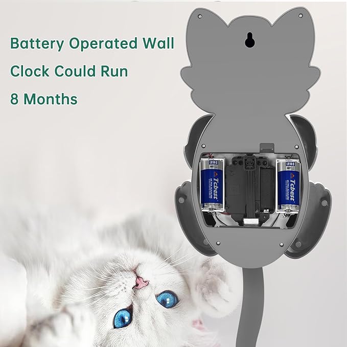 Soobest 18 Inch Large 3D Cat Wall Clock Battery Operated with Moving Eyes and Pendulum Tail, Retro Kids Analog Wall Clock for Gift Decor Gray