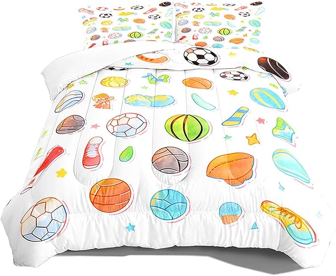 Sports Comforter Set Full Size Kids Cartoon Basketball Bedding Set Cartoon Games Football Comforter for Boys Teens Girls Colorful Tie Dye Bedroom Decor Toddler Cute Ball Gaming Quilt Set