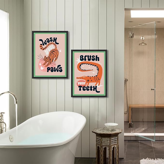 YFvrPt Funny Bathroom Animal Wall Art Tiger Wash Your Paws Bathroom Wall Decor Cute Eclectic Sign Canvas Poster Prints Maximalist Toilet Pictures 12x16 inch Black Framed