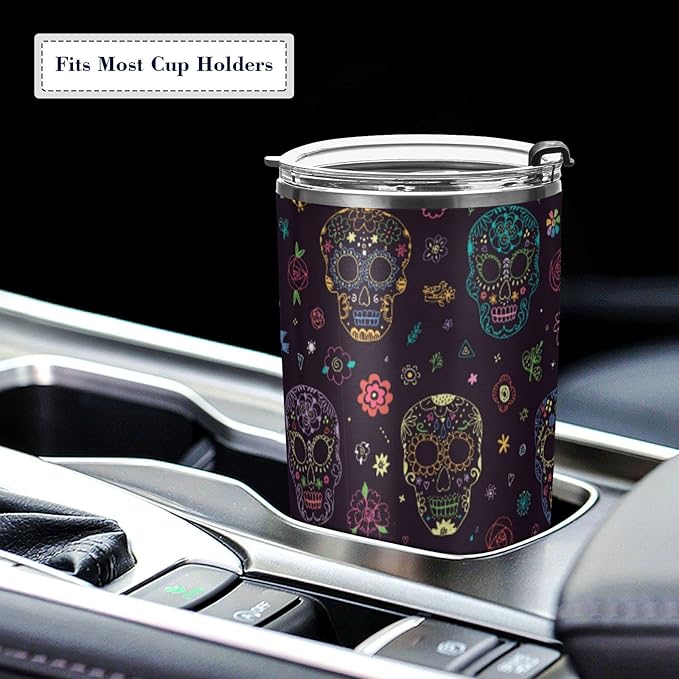 Tumbler Neon Sugar Skull Flower Insulated Halloween Office Coffee Cup Back to School Beverage Container Travel Mug with Straw and Lid Double Wall Stainless Steel 20oz