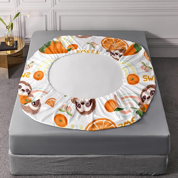 Brown Sloth & Orange Butterfly 4Pcs Rainbow Sweet Pattern Bedding Set for Kids - Queen Size with 1 Flat & 1 Fitted Sheet + 2 Pillowcases