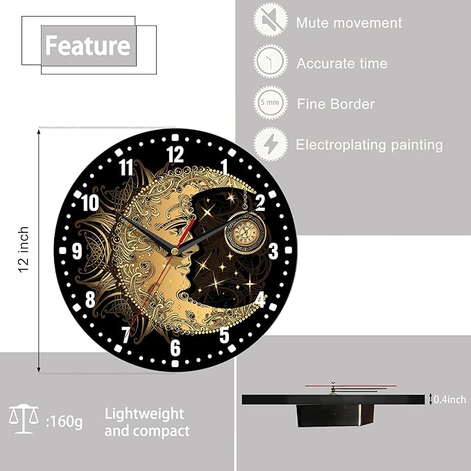 SPUNKER Clock for Bedroom,Boho Moon Sun Wall Clock Battery Operated 10 Inch,Golden Mandala Round Clock Silent Non-Ticking Wall Decor for Farmhouse Office Home School Living Room Bedroom