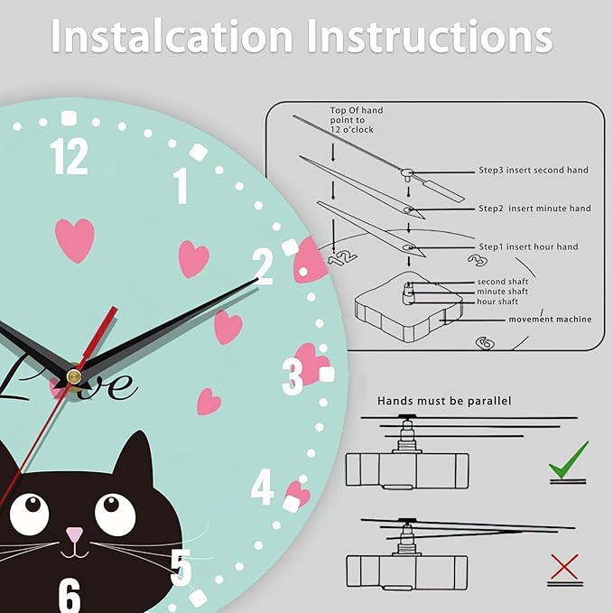 SPUNKER Clocks for Living Room,Cute Black Cat 10 Inch Wall Clock,Red Love Heart Small Battery Operated Wall Clocks Decorative for Kitchen/Living Room/Bedroom/Bathroom/Dining Room