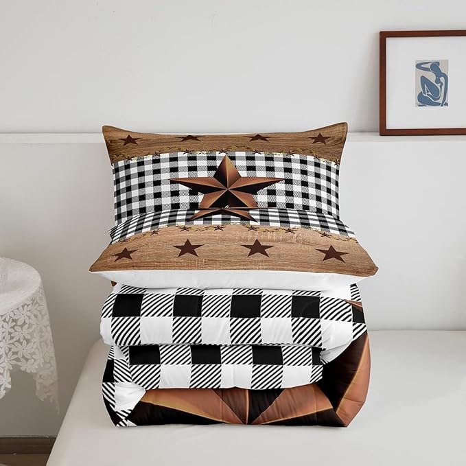 Western Texas Star Comforter Set Full, Farmhouse Black Plaid Bedding, Brown Vintage Country Star Bedding Comforter Sets, Retro Rustic Checked Grid Bedroom Decor Wooden Grain Quilt For Kids Boys Girls