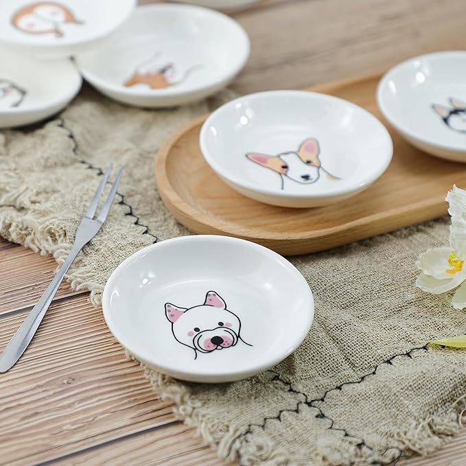 Super Cute Cartoon Animal Pattern Ceramic Sauce Dish/Seasoning Dish/Sushi Soy Dipping Bowl/Appetizer Plates/Serving Dish for Kitchen Home(Set of 6)-Dog Heads
