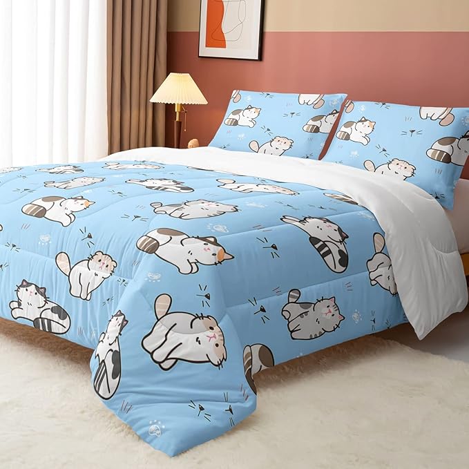 Blue Kawaii Cat Comforter Bedding Set for Girls Lovely Kitten Print Cute Animal Pattern with 1 and 2 Pillowcases Bedroom All Season(Cat Full), Full 80x90inches