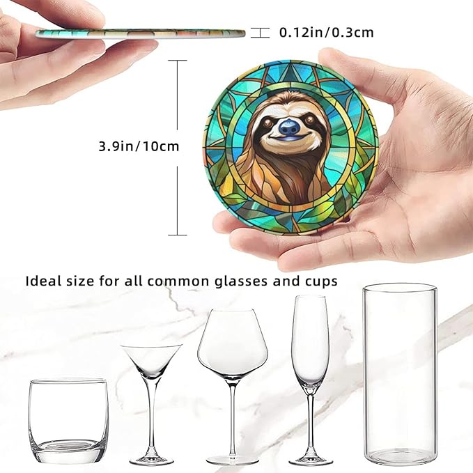Sloth Drink Coaster Set of 6, Sloth Decor Gifts, Leather Drink Coasters with Holder, 6 Pack Cup/Bar/Drink Coasters for Table/Drinks/Coffee Protection Housewarming Gift (Sloth)
