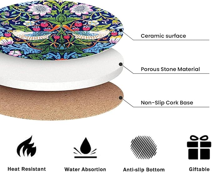 William Morris Flower Coasters Set of 6 for Drinks,Round Absorbent Ceramic Stone Coaster with Metal Holder,Morris Strawberry Thief Floral Coasters with Cork Base for Coffee Party Decor Gifts