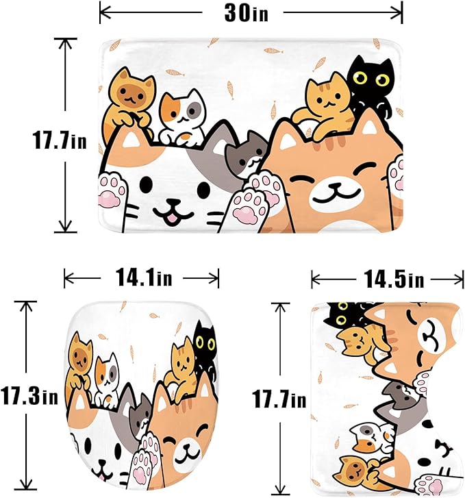 SVBright 4PCs Kids Bathroom Sets Cat Shower Curtain Set 72Wx72H Cartoon Cute Animal Funny Child Bathroom Rug Quick Dry Bath Rug Mat Toilet Mat U-Shape Cover Nonslip Washroom Decor Shower Accessories