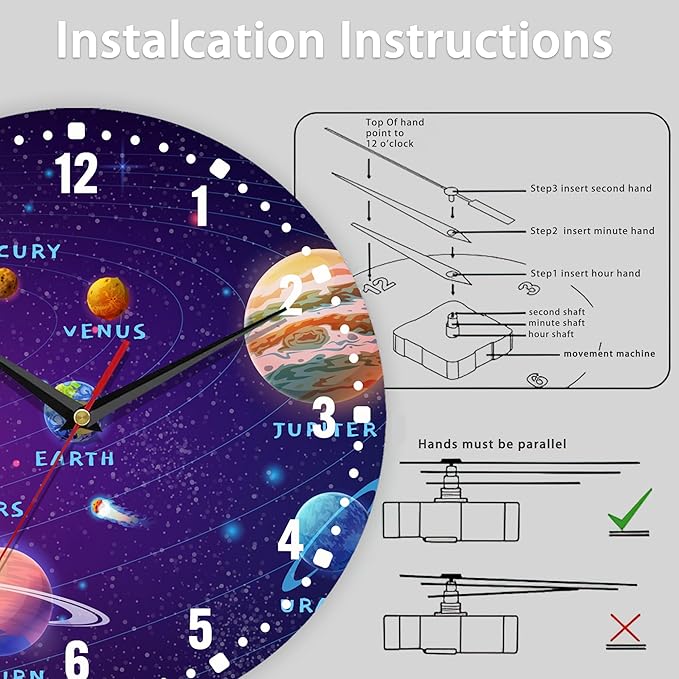 SPUNKER Wall Clock,Solar System 10 Inch Wall Clock,Planets Sun Earth Small Battery Operated Wall Clocks Decorative for Kitchen/Living Room/Bedroom/Bathroom/Dining Room
