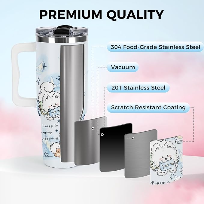 Tumbler with Handle and Lid, Dog Lover Tumbler, 40 oz Lucky Puppy Dogs Printed Insulated Stainless Steel Travel Mug West Highland White Terrier Lover Gifts For Kids, Families, Friends, Love