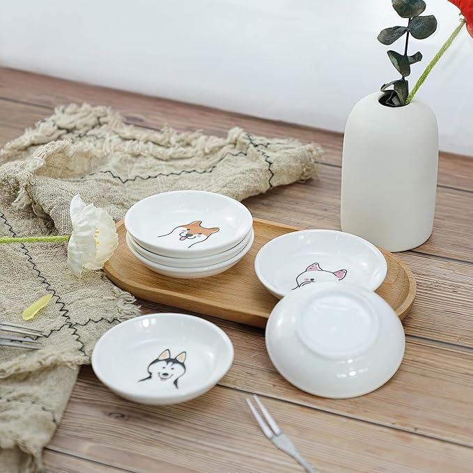Super Cute Cartoon Animal Pattern Ceramic Sauce Dish/Seasoning Dish/Sushi Soy Dipping Bowl/Appetizer Plates/Serving Dish for Kitchen Home(Set of 6)-Dog Heads