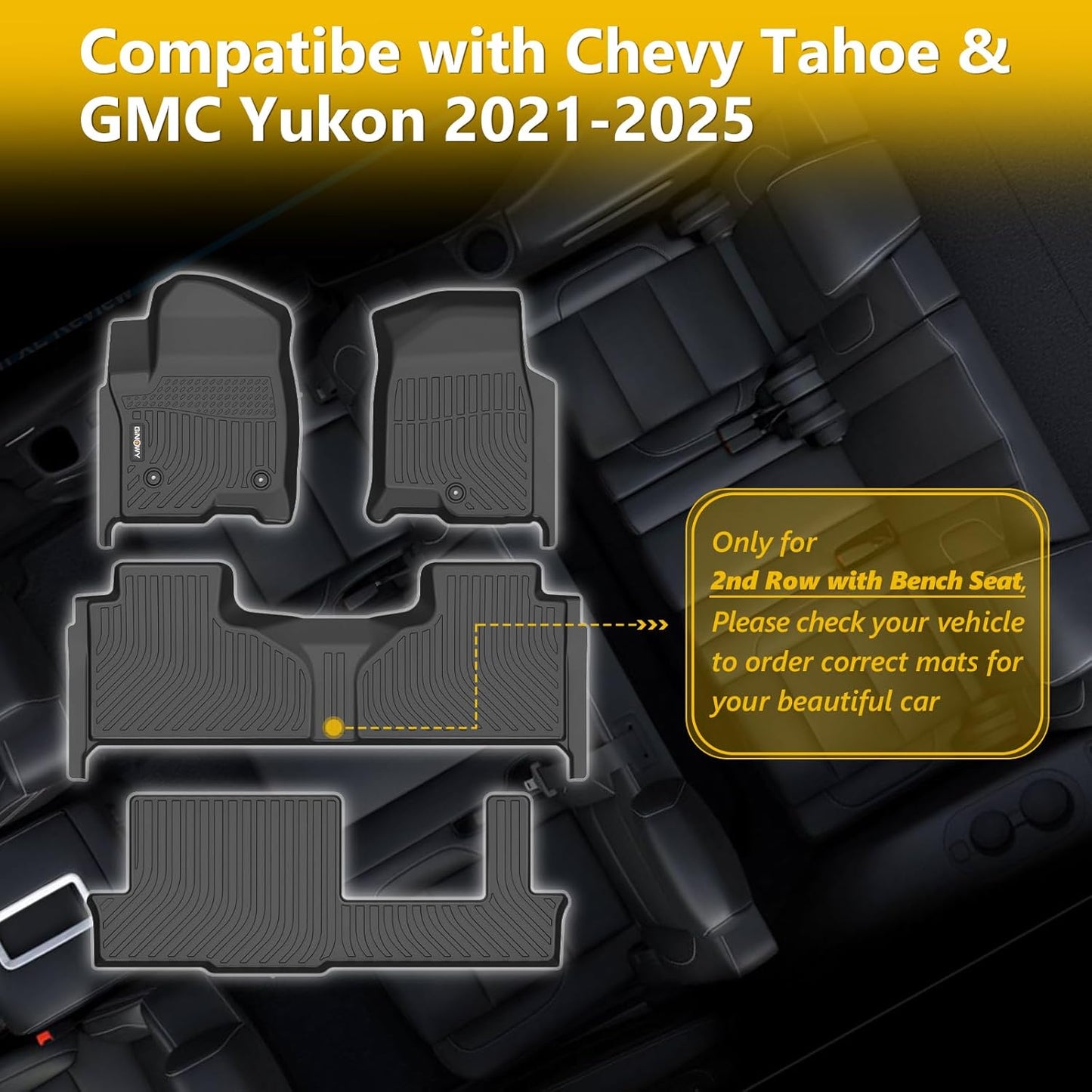 GINOWY- Floor Mats & Cargo Liner for Chevy Tahoe 2021-2024 2025 & GMC Yukon 8 Seat Bench Seat, TPE All Weather Car Mats for Chevrolet Tahoe Non-Slip Trunk Mat Waterproof Accessories Floor Liners Black