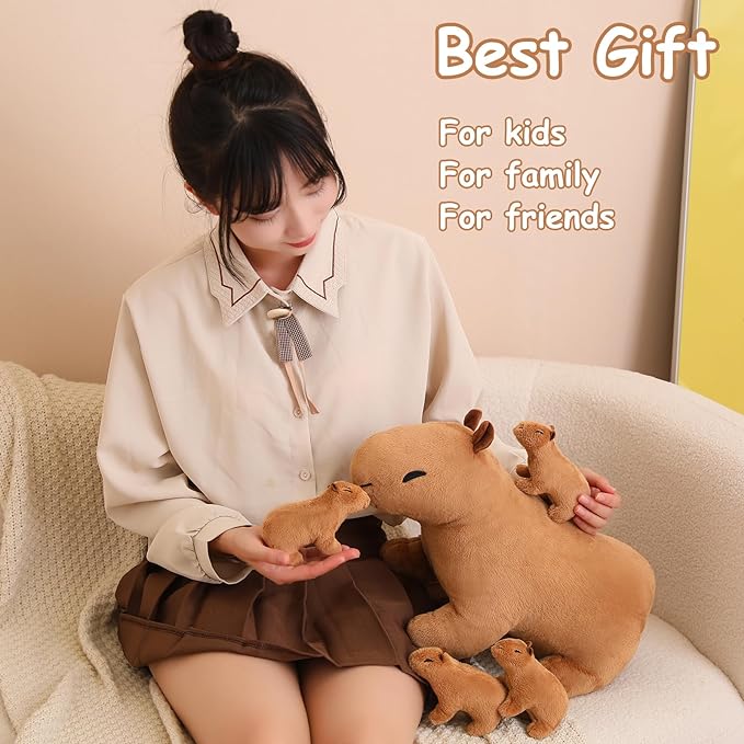 SQEQE Capybara Mommy Plush with 4 Cute Babies Capybara Stuffed Animals, Super Soft Plushie Stuffed Cotton Plushies Animal Toy Gift for Boys and Girls