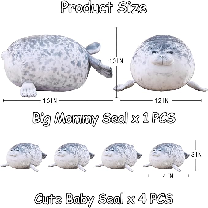 SQEQE Chubby Seal Pillow Plush with 4 Baby Seal Plushies in Her Tummy, Stuffed Cotton Plush Animal Toy Gift for Kids