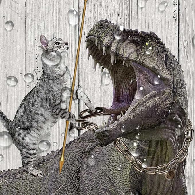 Torich Funny Cat Shower Curtain Set, Cool Cat Dinosaur Japanese Ocean Wave Decor Fabric Bathroom Curtains, Fun Kids Children Animal Rustic Wooden Farmhouse Decor Polyester Fabric 69X78in