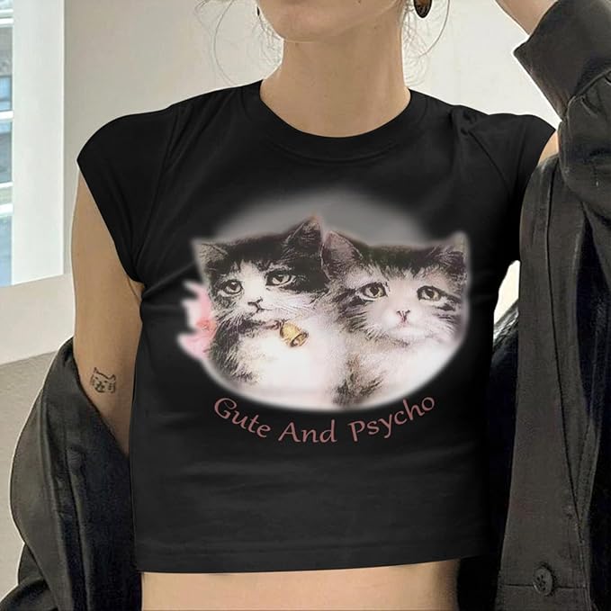 Tuislay Cat Baby Tees for Women Cute Y2k Coquette Shirt Funny Cropped Graphic Tees Top Downtown Girl Aesthetic Grunge Clothes