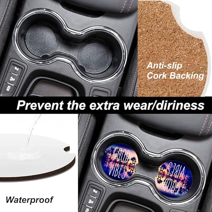 Summer Trees Absorbent Car Coasters,Good Vibes Ceramic Cup Holders Coasters with a Finger Notch for Women Men 2.56"(2 Pieces)