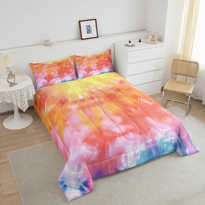 Boho Comforter Set Spiral Tye Dye Pattern 3pc Down Comforter King Size Rainbow Bedding Sets with 2 Pillowcases Soft Comfortable Machine Washable,Trippy Psychedelic Gypsy Duvet Quilt Set for Teen Girl