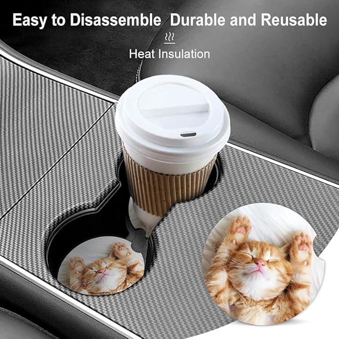 Sleeping Cat Absorbent Car Coasters,Cute Animal Ceramic Cup Holders Coasters with a Finger Notch for Women Men 2.56"(2 Pieces)