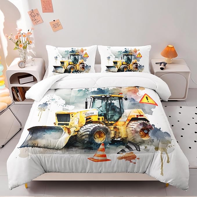 Bulldozer Comforter Set Full Engineering Vehicle Bedding Sets 3PCS for Kids Teen Adult Toy Room Decor Ultra-Soft Lightweight Microfiber 1 Comforter with 2 Pillowcases