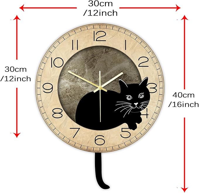 Black Cat Clock with Moving Tail Vintage, Funny Cat Wall Clock with Swinging Tail Silent Non Ticking Battery Operated Creative DIY Pendulum Wall Clock Black Kitty Decor Gift for Cat Lovers