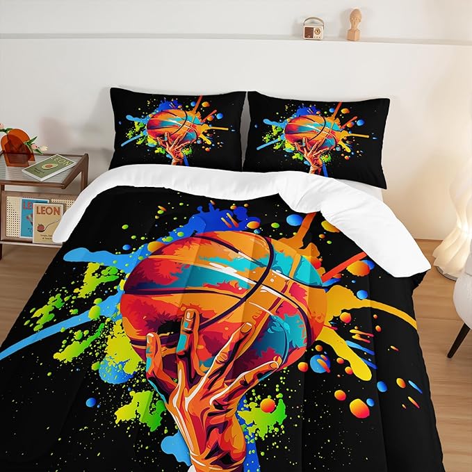 Black Basketball Comforter Set King Size,Watercolor Tie-dye Comforter Color Graffiti Hip Hop Style King Bed Set,Ball Sports Games Bedding Set for Teens Kids Bedroom Decor with 2 Pillowcases.