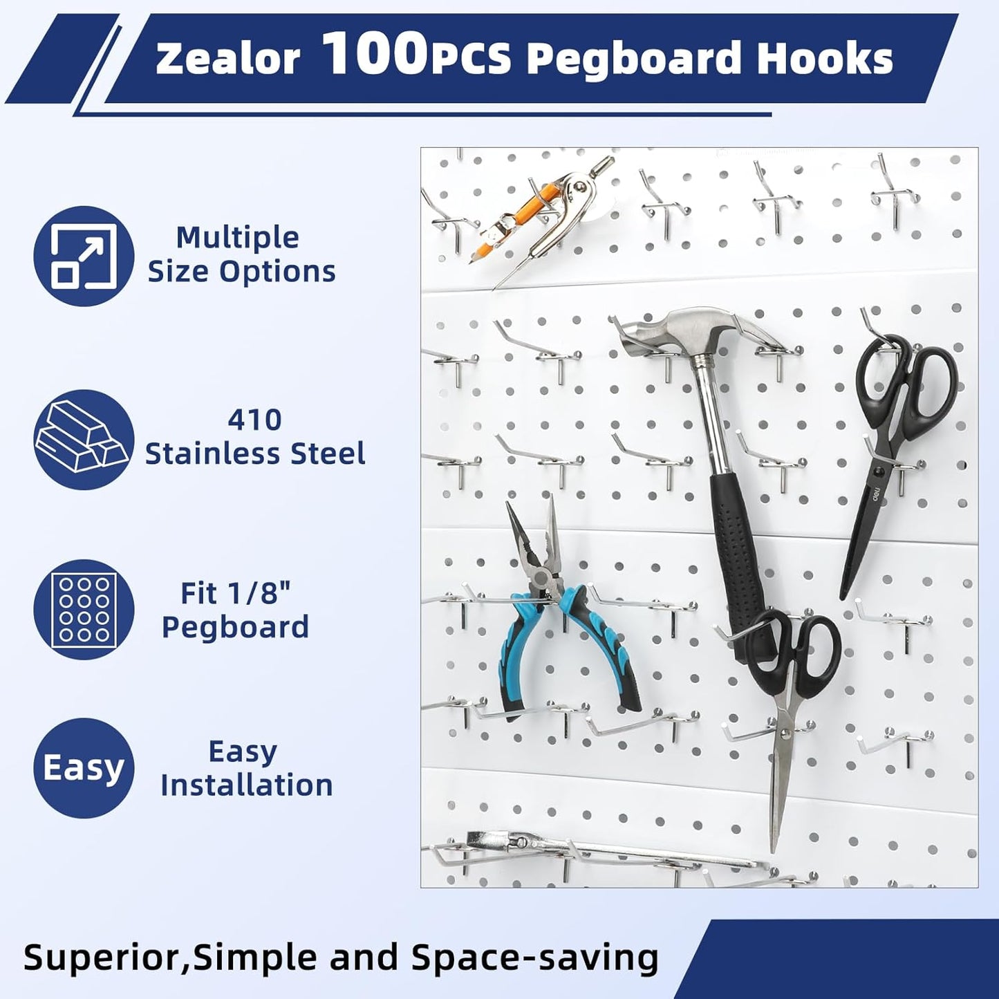 100 Pack Pegboard Hooks Set, 4 Inch Stainless Steel Pegboard Hooks Bulk Fit 1/8" Pegboard for Wall Shelving Display Hanging Tools Accessories Hanging Holders for Storage Craft Room Kitchen Store