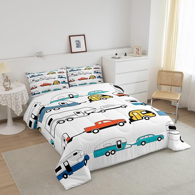 Camper Comforter Set King, Happy Camping Bedding Set for Kids Boys Girls Children, Camping Trailer Travel Car Pattern Bedding Comforters & Sets, Cartoon Car Down Comforter RV Accessories, Colorful