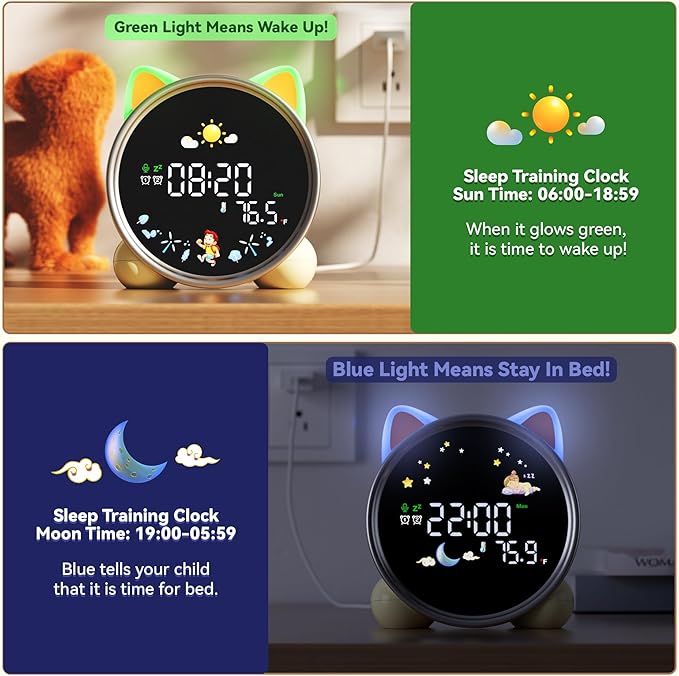 winshine Alarm Clock for Kids, OK to Wake Kids Alarm Clock, 5 Colors RGBW Night Light Dual Alarm Toddler Sleep Training Clock Stay-in-Bed Clock, Cute Clock Birthday Gift for Teen Boys Girls (Cat)…