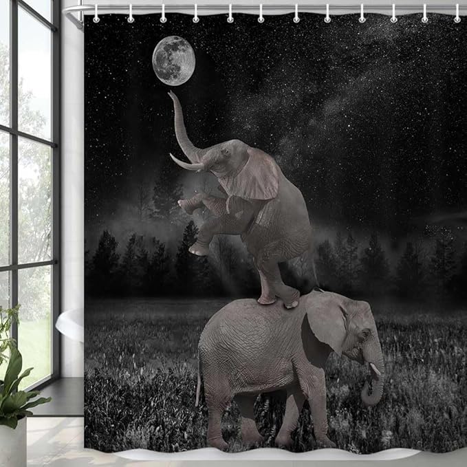 Boziqr Funny Shower Curtains for Bathroom, Cute Elephant Moon Forest Bath Curtain, Rustic Farmhouse Decor Polyester Fabric Fun Cool Animals Black 70 x 78 Inches