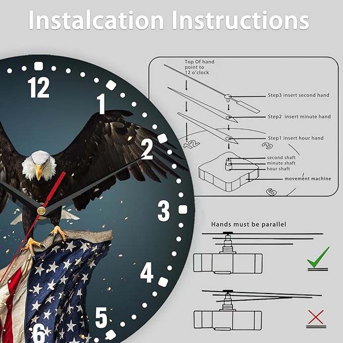 SPUNKER America Flag Eagle Wall Clocks,USA Bald Eagle Wall Clock Battery Operated 10 Inch,Round Clock Silent Non-Ticking Wall Decor for Farmhouse Office Home School Living Room Bedroom