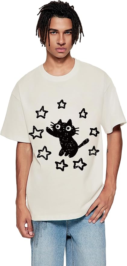 Vamtac Graphic Tees Unisex Loose Star Cat Print Tee Casual Summer Y2k Shirt Cute Short Sleeve Cotton Top