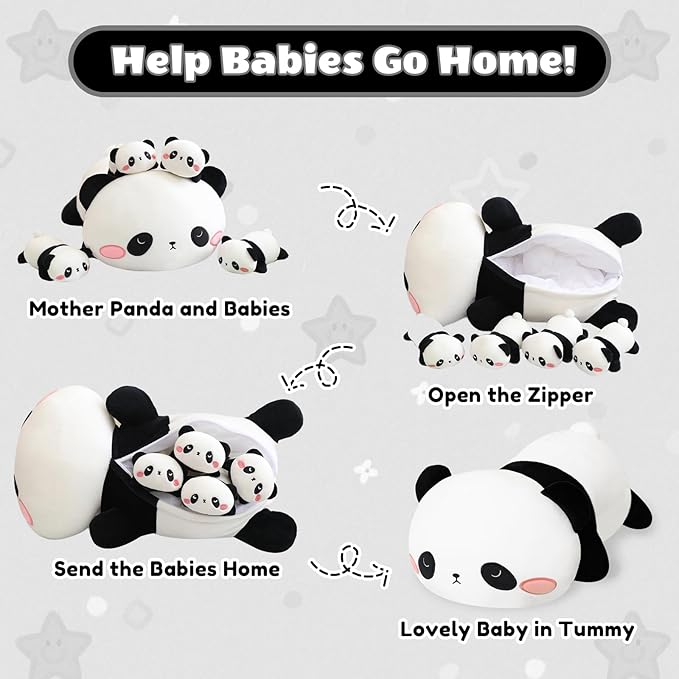 SQEQE Panda Stuffed Animals with Babies Inside Belly - 1 Mommy Stuffed Panda with 4 Cute Babies Plushie Gifts Ideal for Kids and Adults