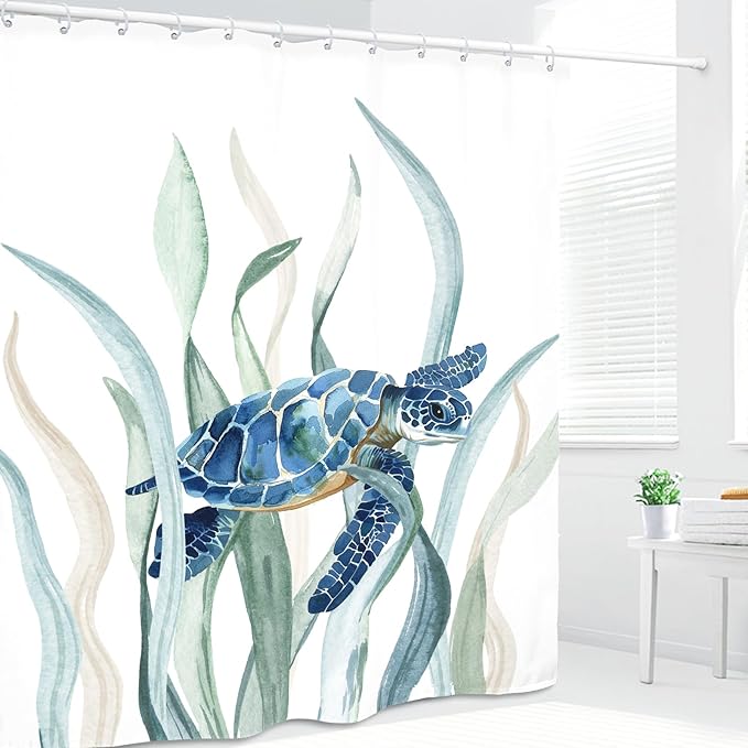 Turtle Seaweed Shower Curtain 60Wx72L Inch Sea Ocean Underwater Undersea Blue Green Watercolor Bathroom Set Accessories Decor with 12 Pack Hooks